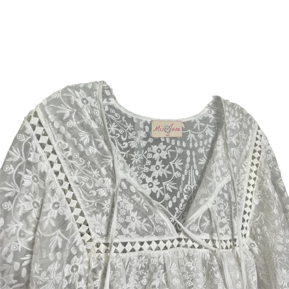 Miss June Blouse Womens 10 White Embroidered Boho Tassel Lantern Sleeve Top - Picture 4 of 8